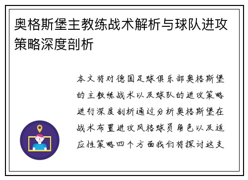 奥格斯堡主教练战术解析与球队进攻策略深度剖析