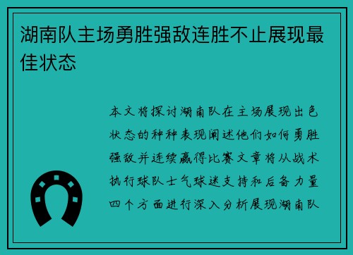 湖南队主场勇胜强敌连胜不止展现最佳状态