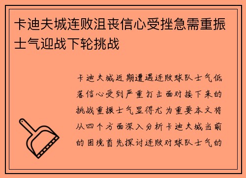 卡迪夫城连败沮丧信心受挫急需重振士气迎战下轮挑战