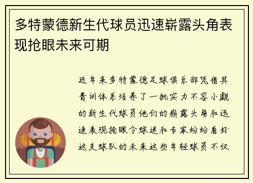 多特蒙德新生代球员迅速崭露头角表现抢眼未来可期