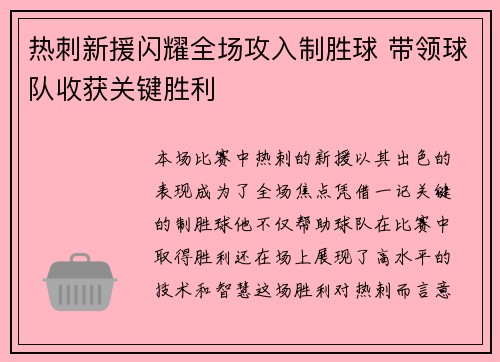 热刺新援闪耀全场攻入制胜球 带领球队收获关键胜利