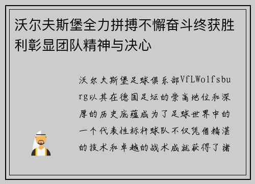 沃尔夫斯堡全力拼搏不懈奋斗终获胜利彰显团队精神与决心