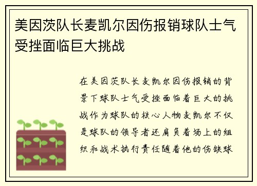 美因茨队长麦凯尔因伤报销球队士气受挫面临巨大挑战