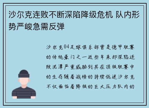 沙尔克连败不断深陷降级危机 队内形势严峻急需反弹