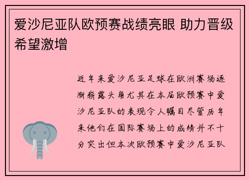 爱沙尼亚队欧预赛战绩亮眼 助力晋级希望激增