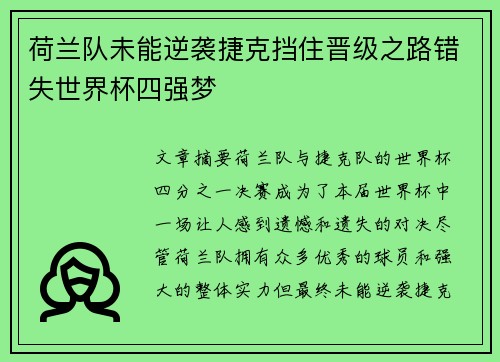 荷兰队未能逆袭捷克挡住晋级之路错失世界杯四强梦