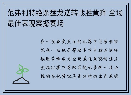 范弗利特绝杀猛龙逆转战胜黄蜂 全场最佳表现震撼赛场